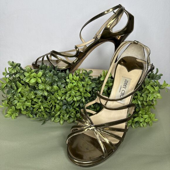 JIMMY CHOO Gold Patent Leather Sandals Size 9 EU 40.5 Good Used Condition - Picture 1 of 11